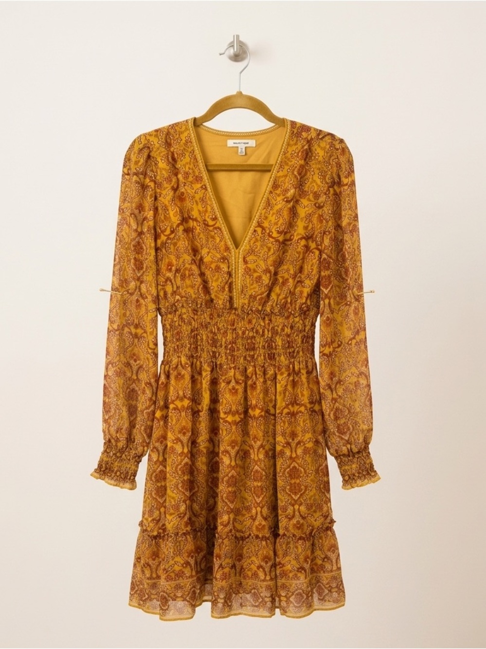 Max Studio Smocked Waist Mustard Paisley Mini Dress - Size Small